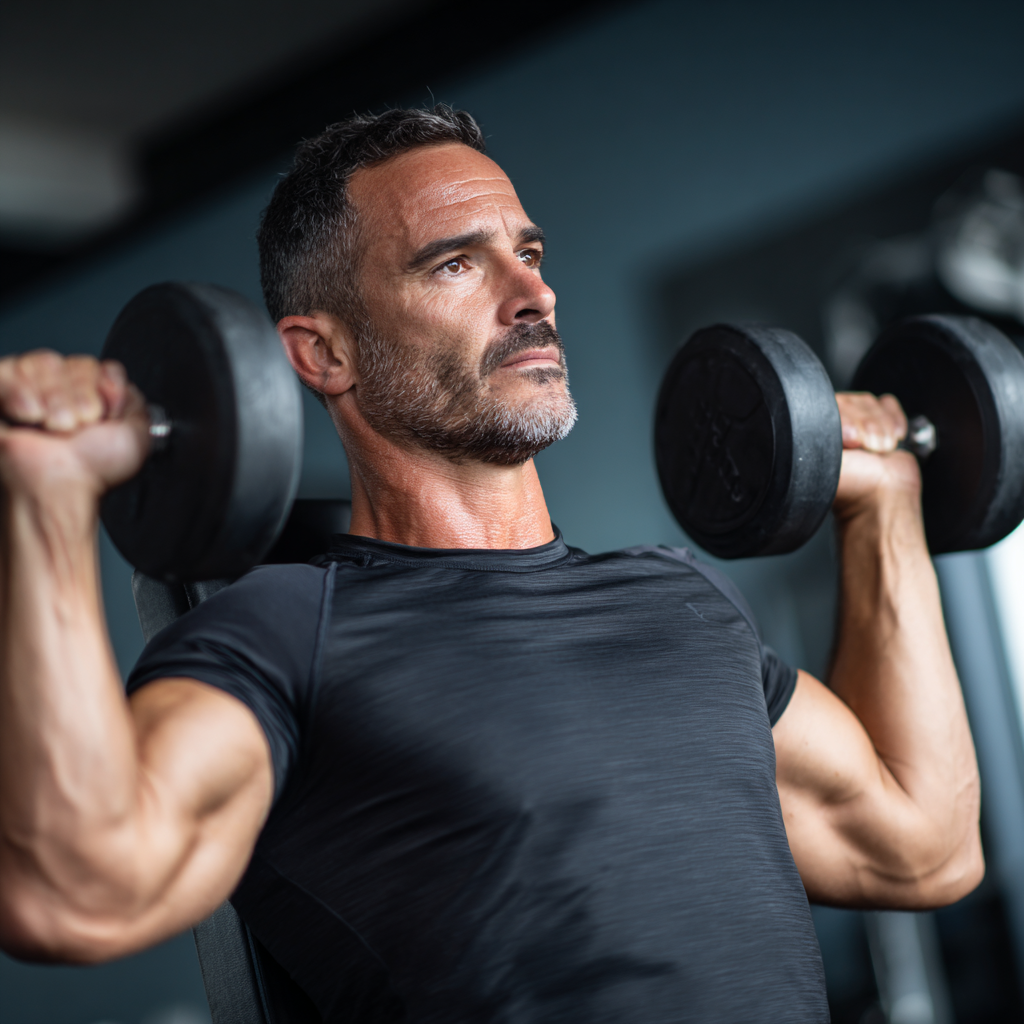 middle-aged man performing strength training exercises in modern gym environment