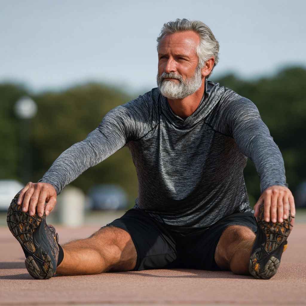 older adult man demonstrating flexibility and mobility exercises outdoors